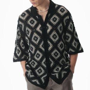 Sandstone Men's Button-Up Shirt Size L Black/White Geometric Short Sleeve Top